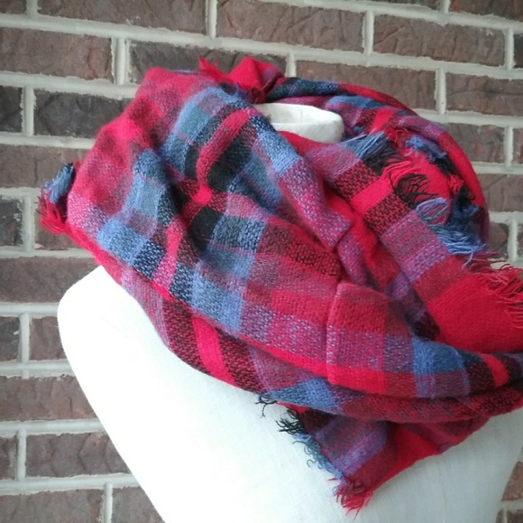 Red and Blue Plaid Infinty Scarve - Picture 2 of 3